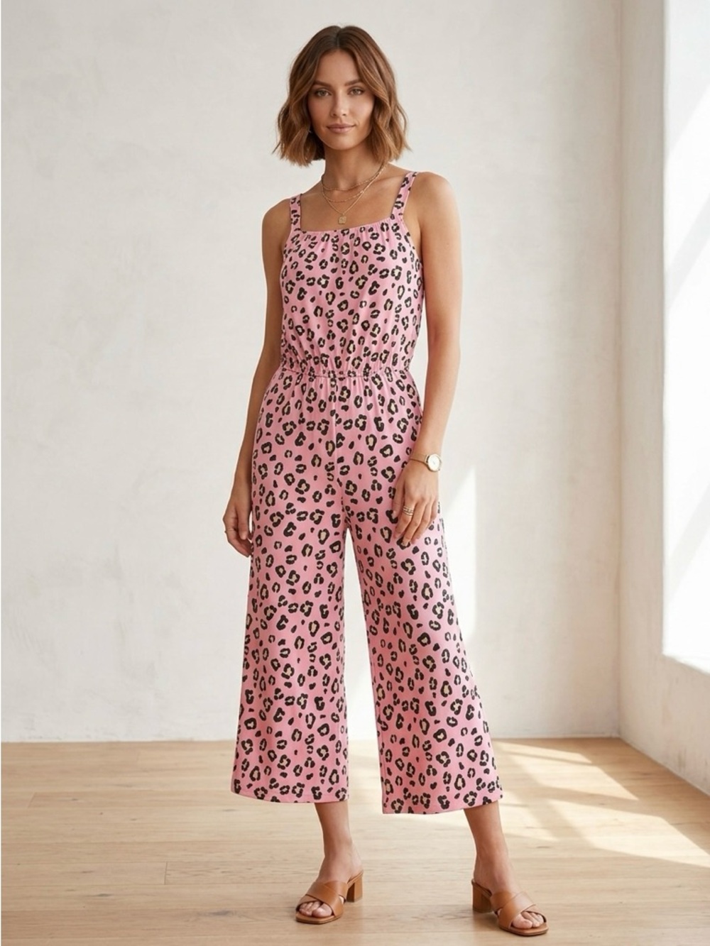 wonder nation Pink Leopard-Print Wide-Leg Jumpsuit